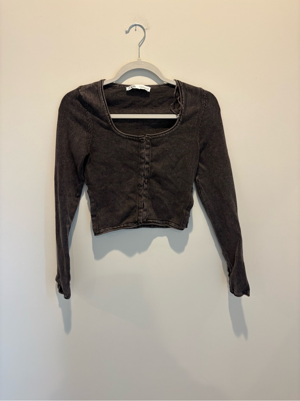 Zara Charcoal Washed Button-Front Long Sleeve Crop Top